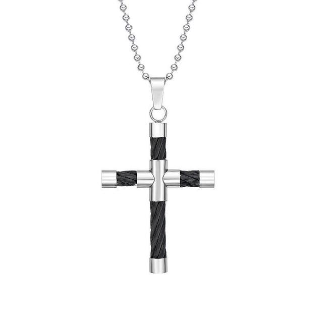 Mens LYNX Stainless Steel Cable Cross Pendant Necklace Black Product Image