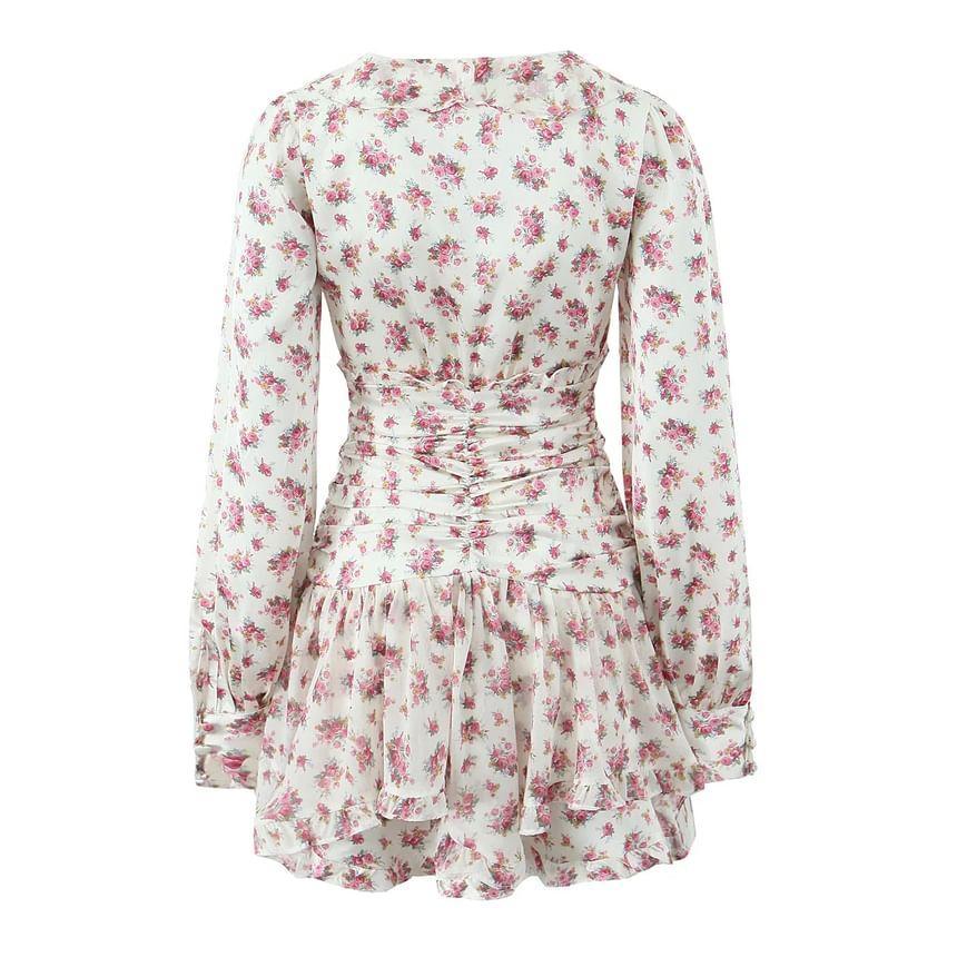 Puff-Sleeve V-Neck Floral Print Shirred Mini A-Line Dress Product Image