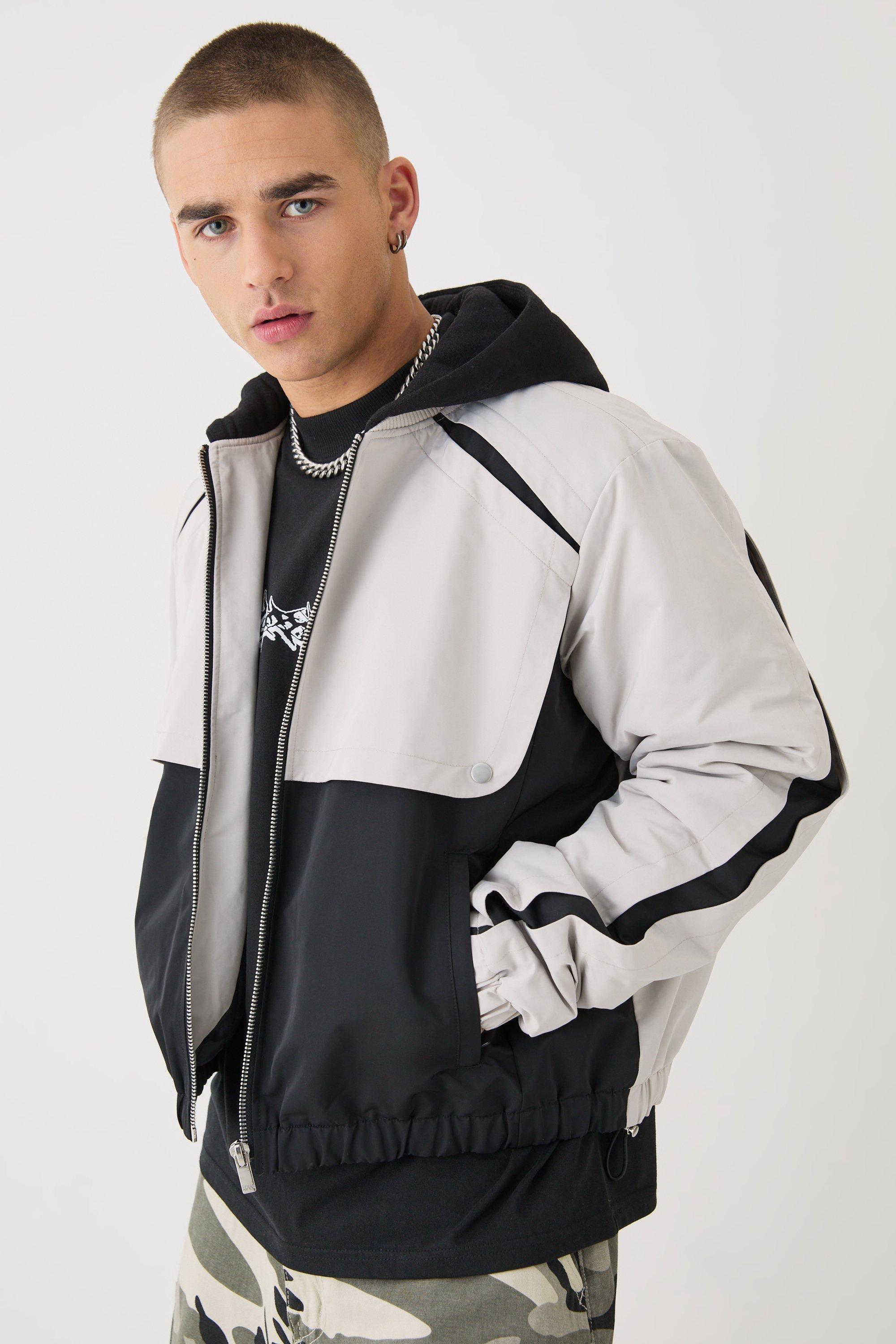 Boxy Colour Block Panel Hooded Bomber In Black | boohooMAN USA Product Image