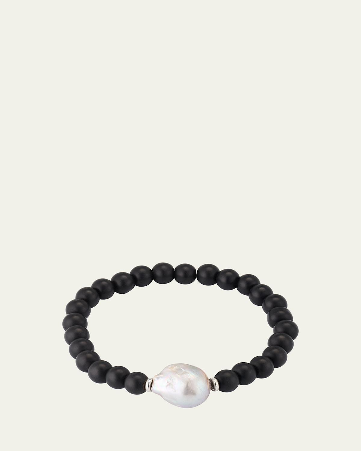 Mens Black Onyx Beaded Bracelet with Pearl Center Product Image