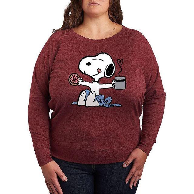 Womens Peanuts Donut Coffee Snoopy Lightweight French Terry Sweatshirt, Girls Grey Dark Red Product Image