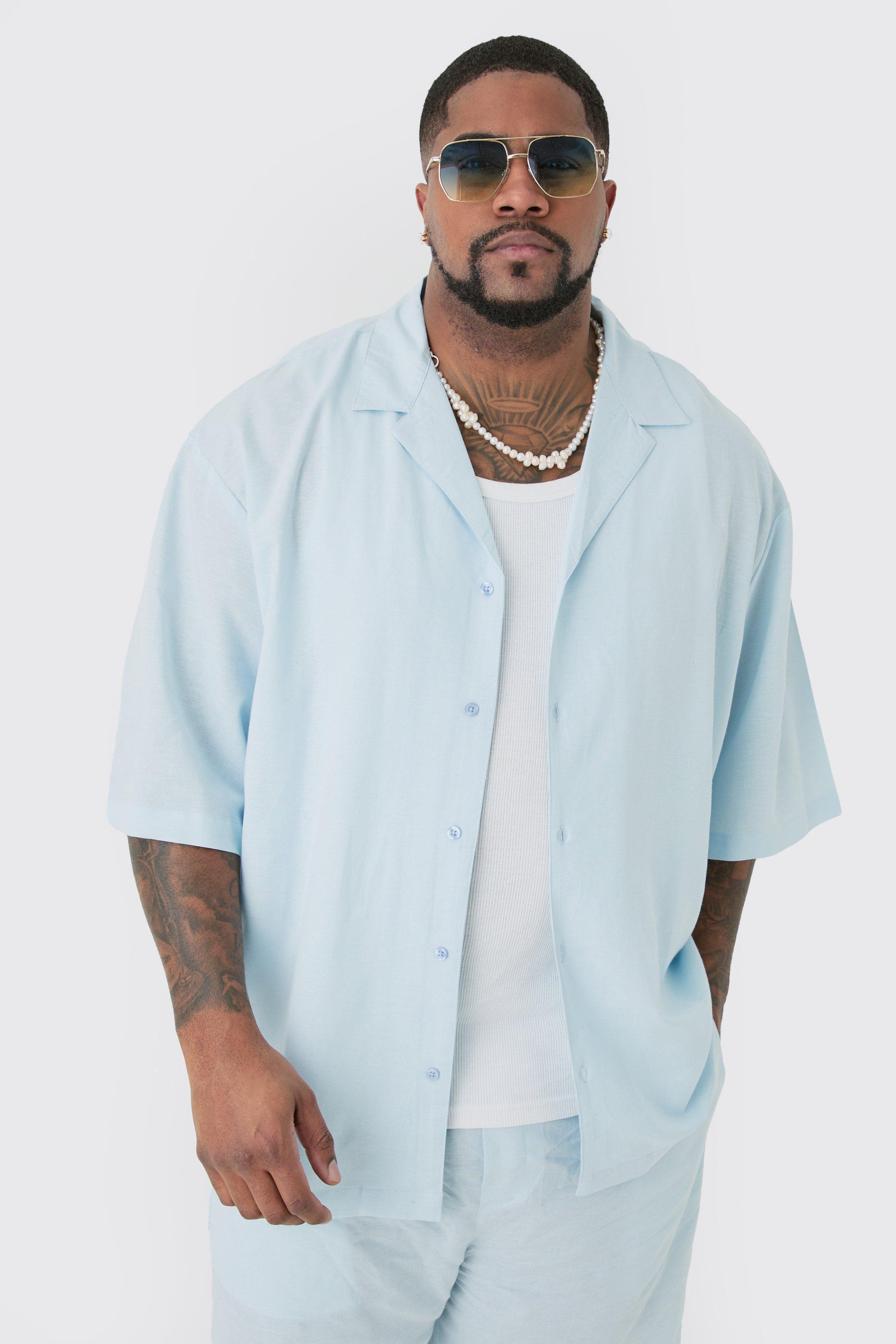 Mens Plus Linen Drop Revere Shirt In Light Blue, Blue Product Image