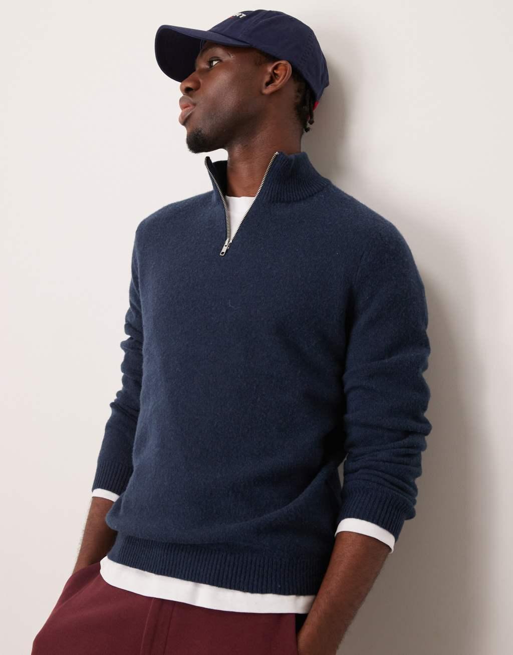 ASOS DESIGN lambs wool quarter zip sweater in navy Product Image