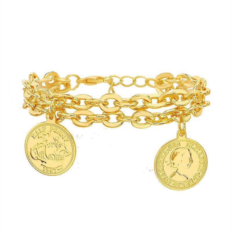 Paige Harper 14k Gold Plated Double Oval Link Bracelet with Coin Charms, Womens Multicolor Product Image