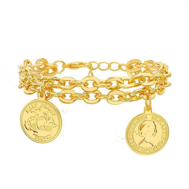 Paige Harper 14k Gold Plated Double Oval Link Bracelet with Coin Charms, Womens Gold Tone Product Image