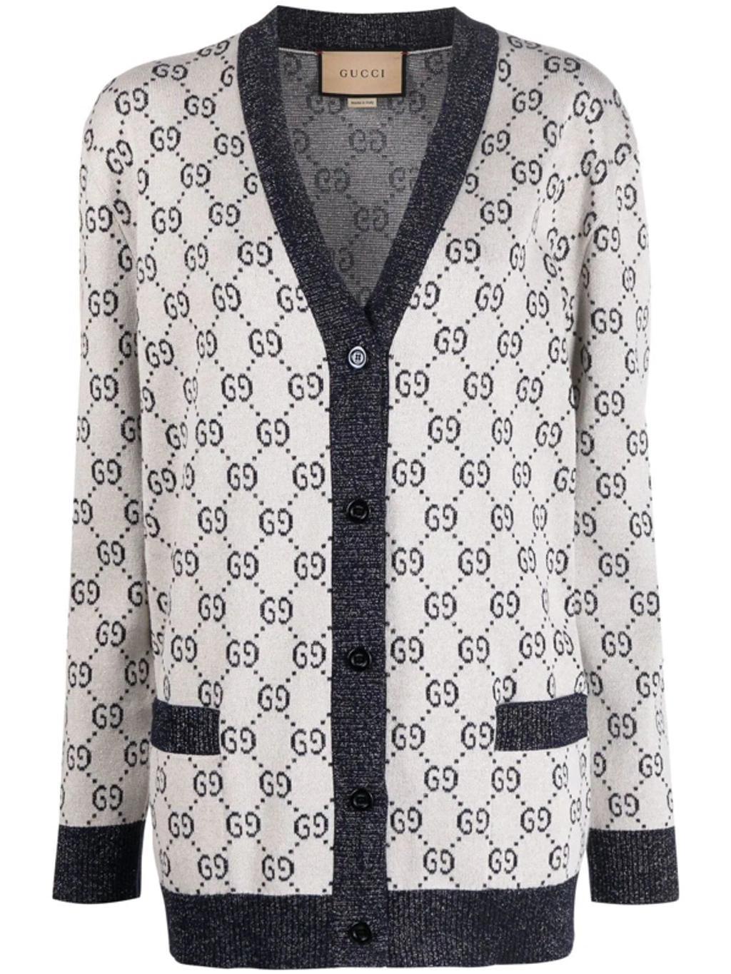 Gg Intarsia Metallic-trimmed Cotton-blend Cardigan In Ivory,blue Product Image