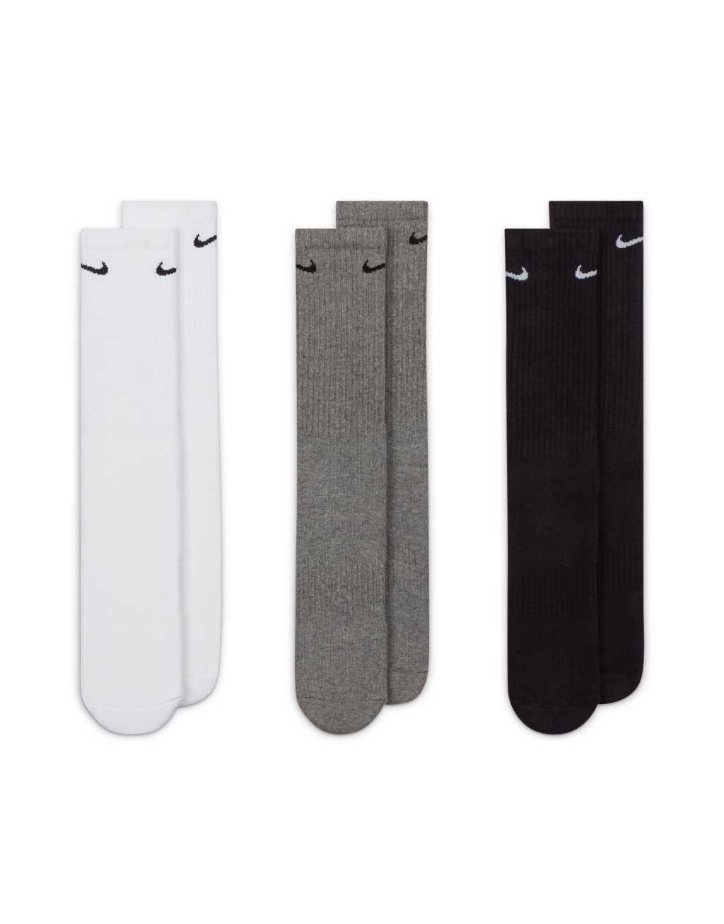 Nike Training Everyday Cushioned 3 pack crew sock in white, gray and black Product Image