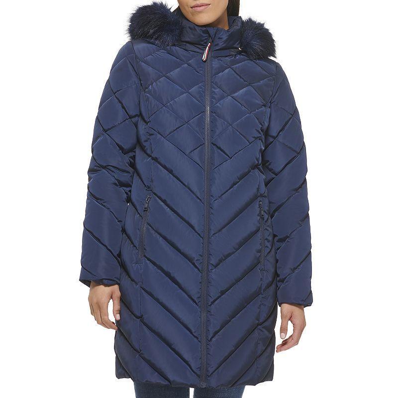 Womens Tommy Hilfiger Faux-Fur Trimmed Puffer Coat Blue Product Image