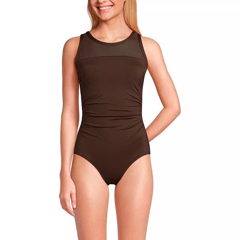 Womens Lands End Mesh High Neck Back Cutout Tummy Slimming One-Piece Swimsuit Product Image