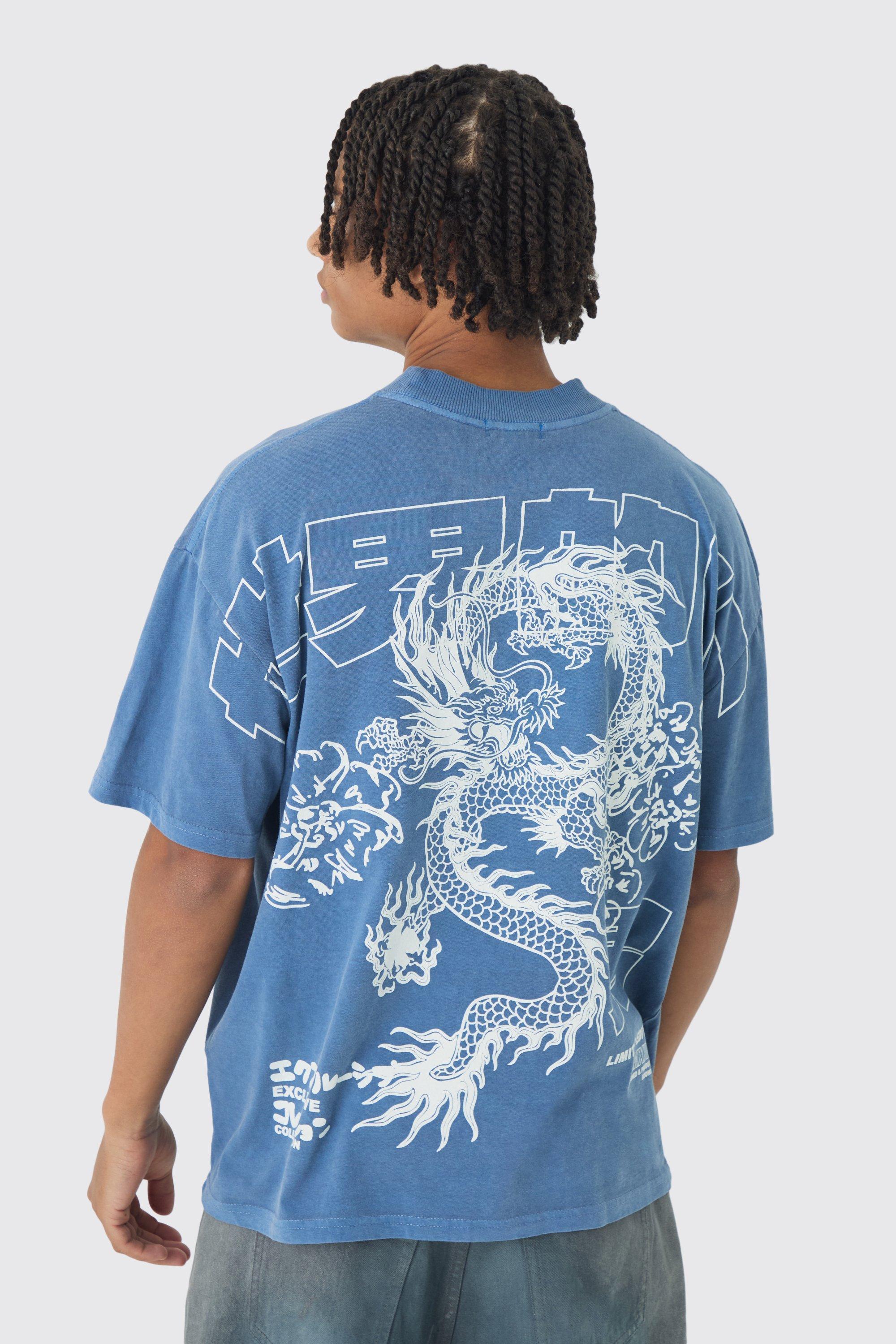 Oversized Over Seams Extended Neck Dragon Wash Print T-Shirt | boohooMAN USA Product Image