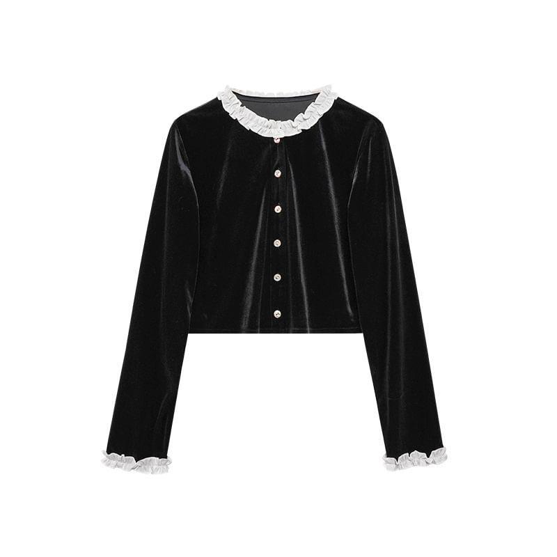 Long Sleeve Crew Neck Button Up Velvet Cropped Blouse Product Image