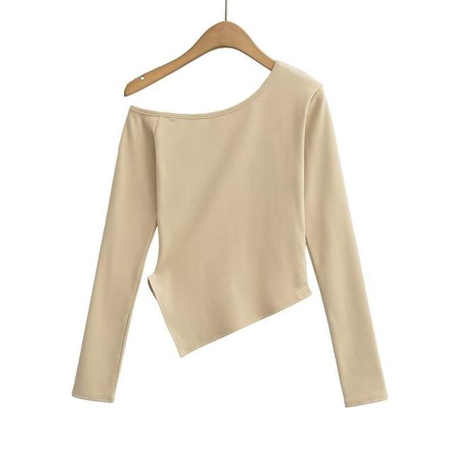 Long Sleeve One Shoulder Plain Asymmetrical Tee Product Image