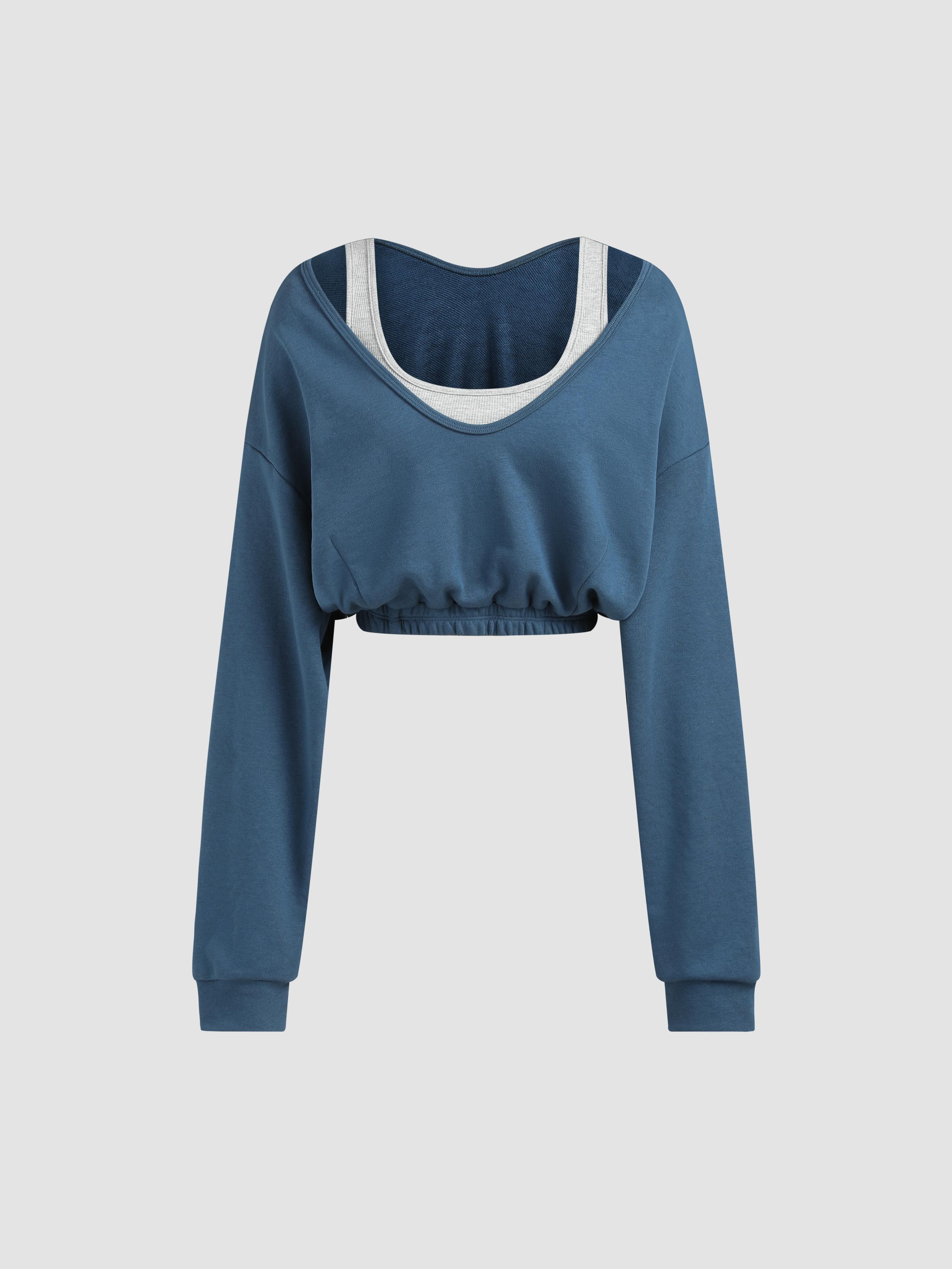 Denim U-neckline Long Sleeve Crop Sweatshirt Product Image