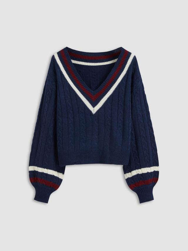 Cable Knit V-neck Solid Contrasting Binding Long Sleeve Top Product Image