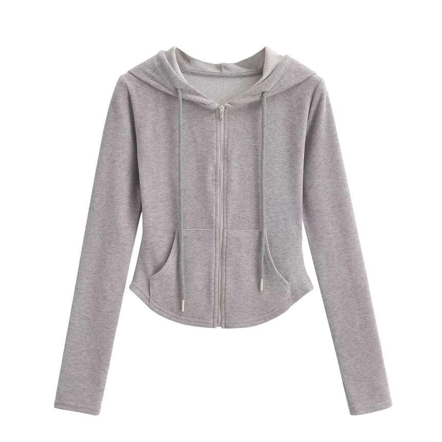 Drawstring Plain Zip Up Cropped Hoodie Product Image