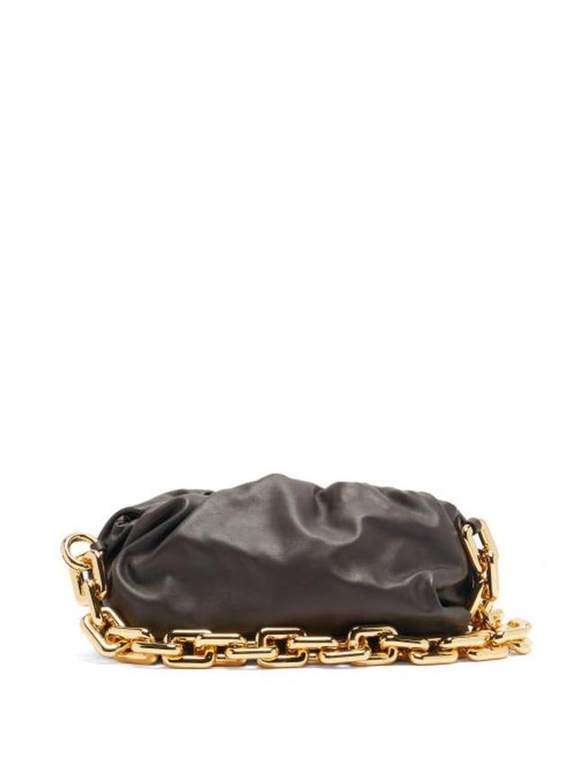 BOTTEGA VENETA The Chain Pouch Gathered Leather Clutch In Black Gold Product Image