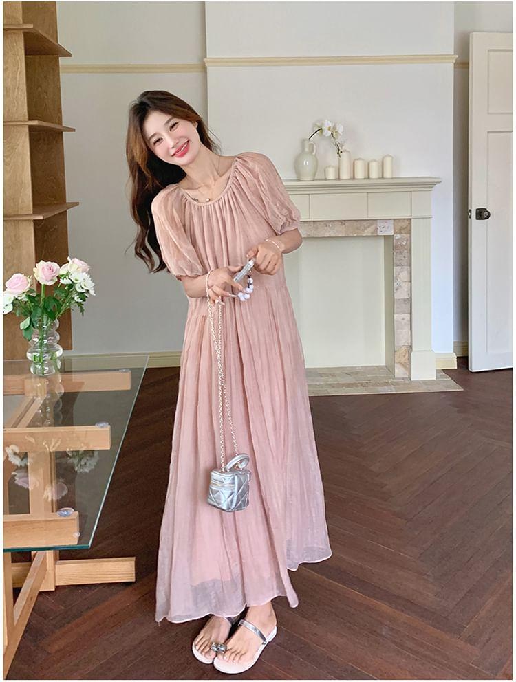 Ruffle Short-Sleeve Round Neck Plain Maxi A-Line Dress Product Image