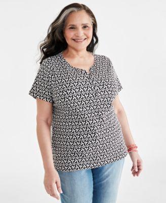 Plus Size Printed Short-Sleeve Henley Top, Created for Macy's Product Image