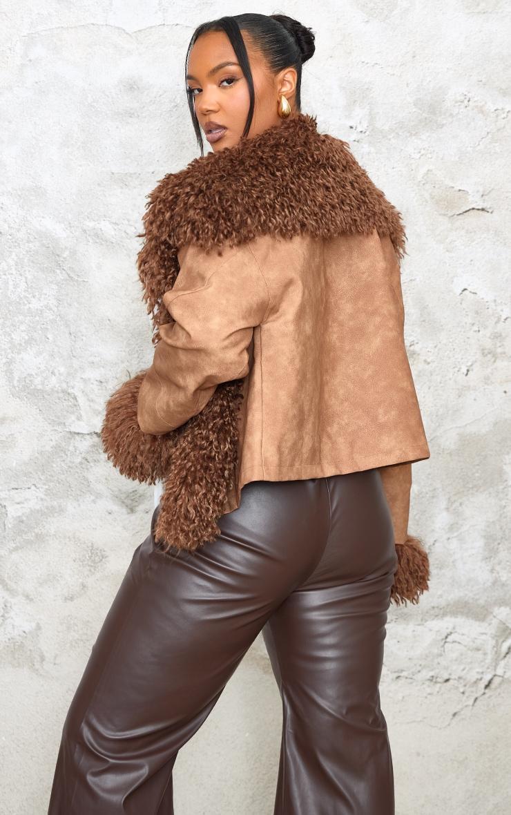 Plus Brown Distressed Contrast Faux Fur Cuff Detail Cropped Jacket Product Image