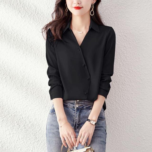 Long Sleeve Collared Plain Asymmetrical Button Shirt Product Image