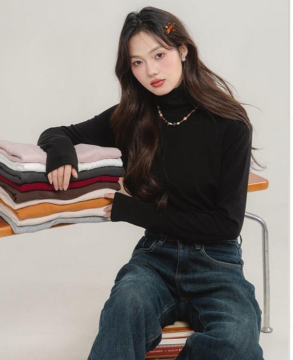 Long-Sleeve Turtleneck Plain Top Product Image