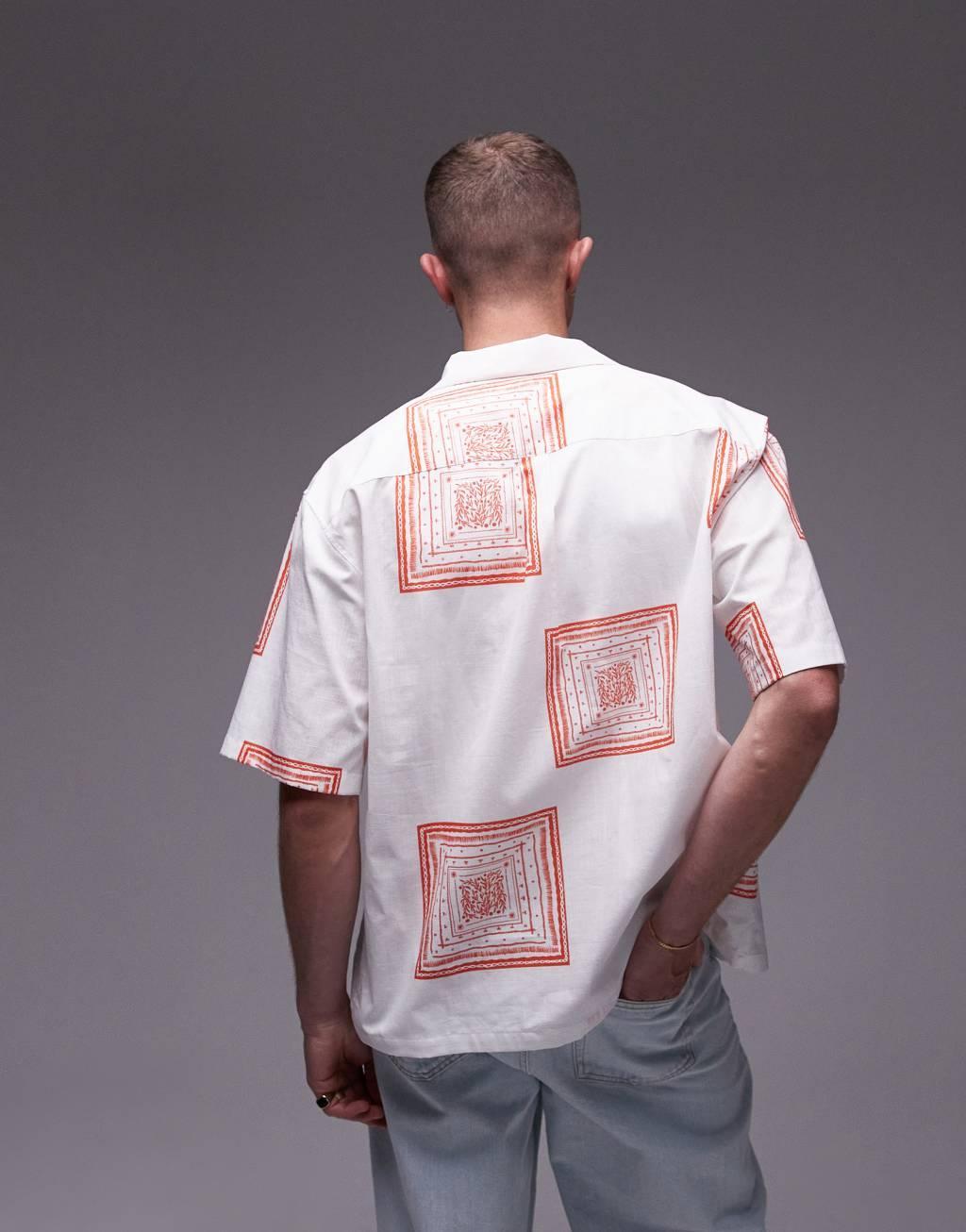 Topman short sleeve revere printed shirt in white Product Image