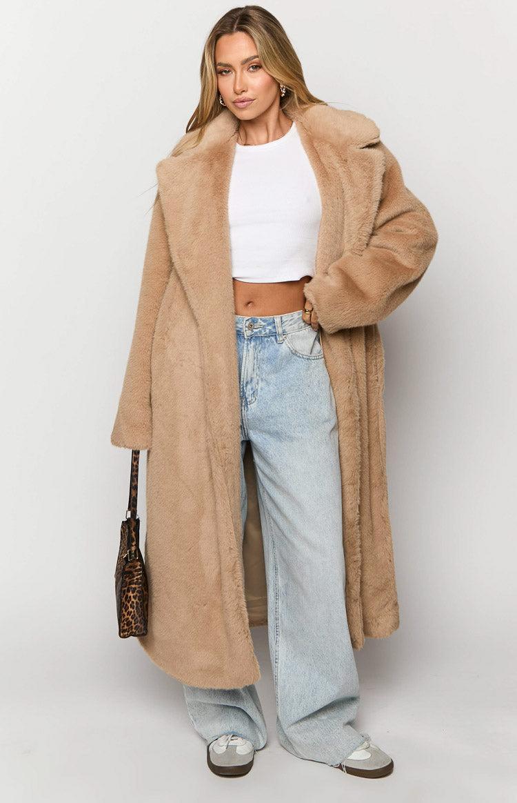 Lyrae Brown Full Length Faux Fur Coat Product Image