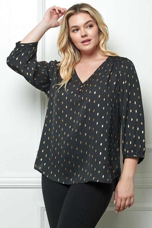 Black 3/4 Button Cuff Sleeve V Neck Popover - Plus Product Image