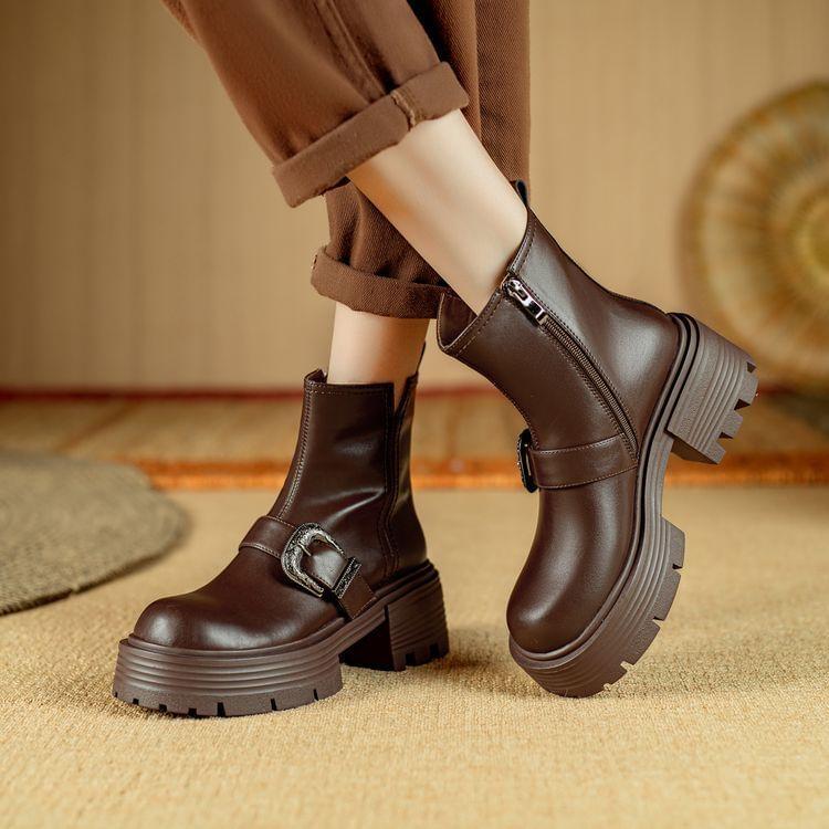 Platform Plain Buckled Genuine Leather Short Boots Product Image