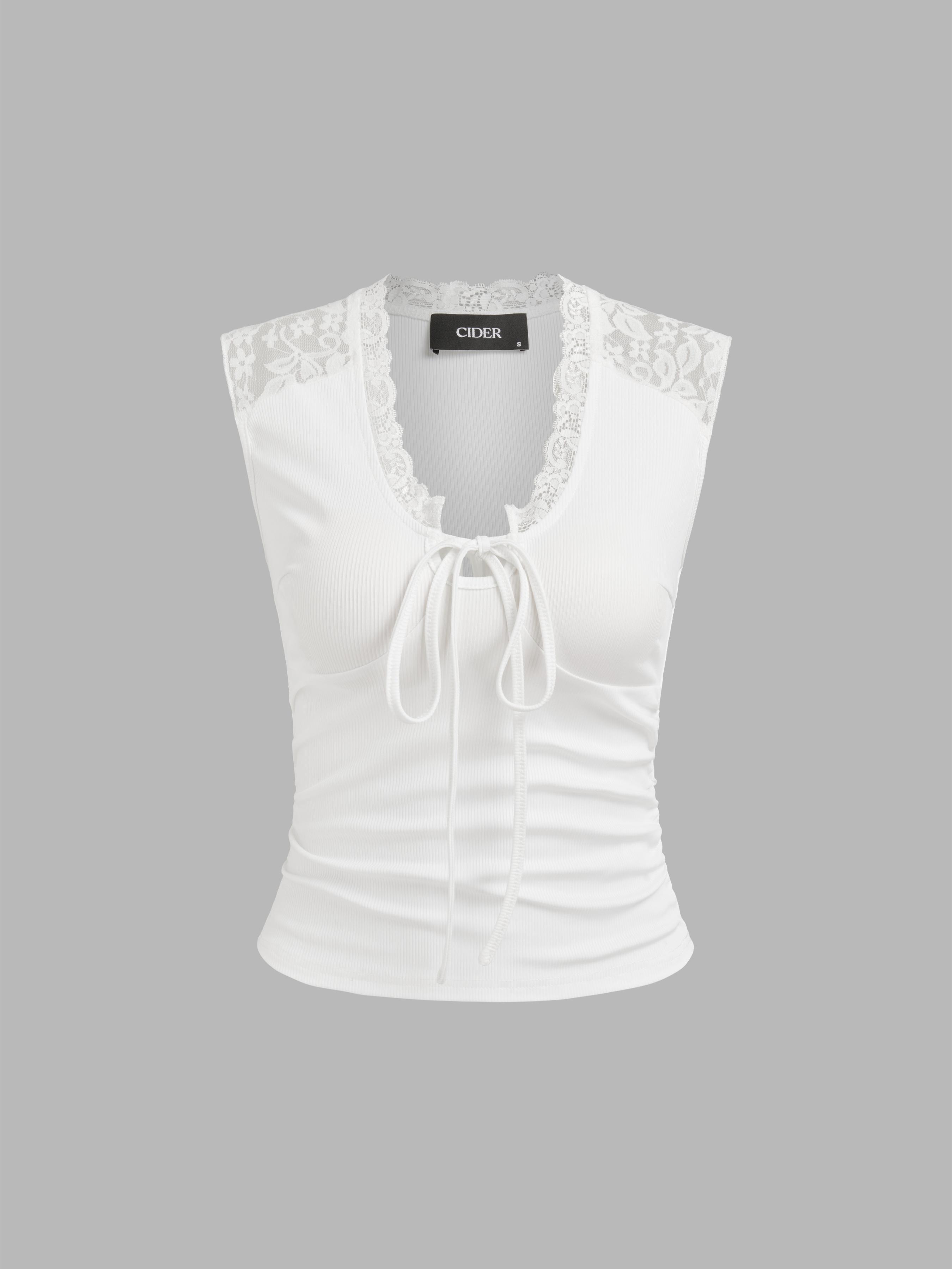 Round Neck Bowknot Lace Ruched Tank Top product image