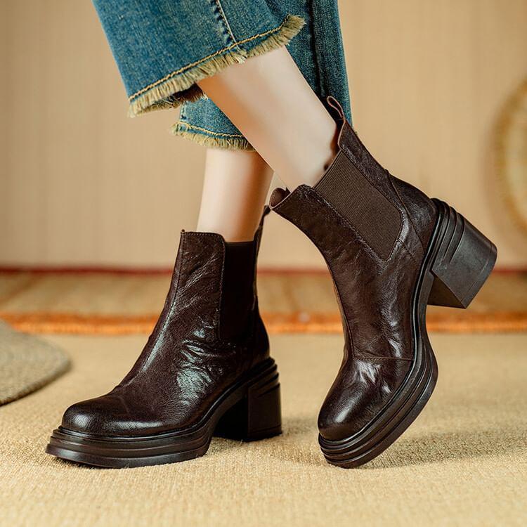 Chunky Heel Plain Genuine Leather Short Chelsea Boots product image