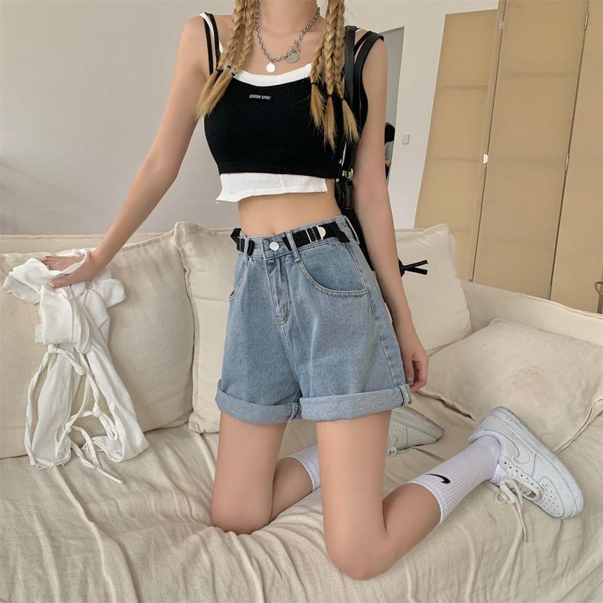 High Waist Washed Wide Leg Denim Shorts Product Image