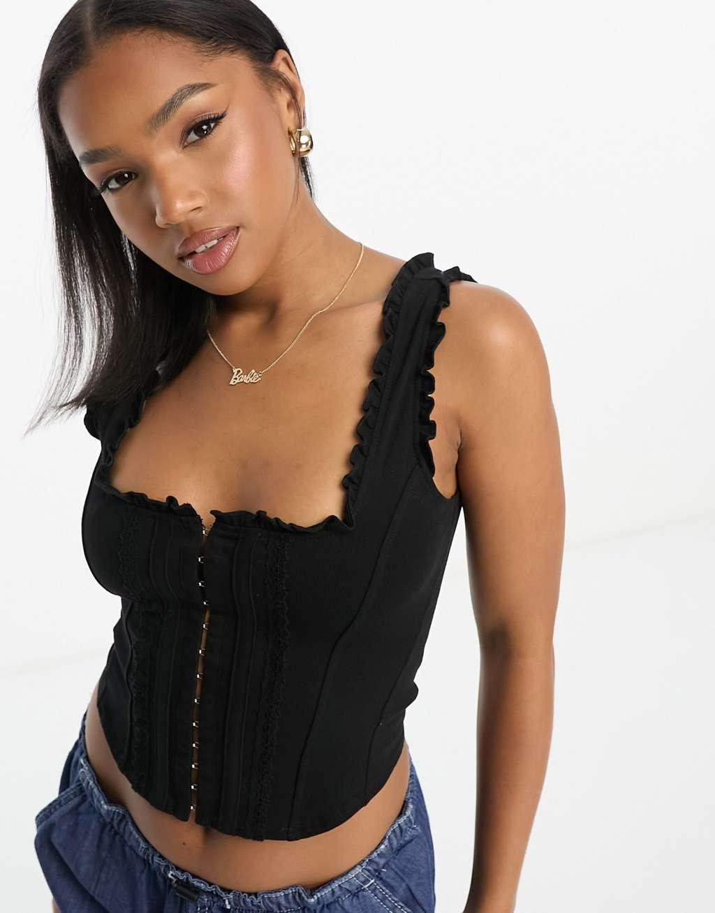 Miss Selfridge frill detail corset top with eyelet details in black  Product Image