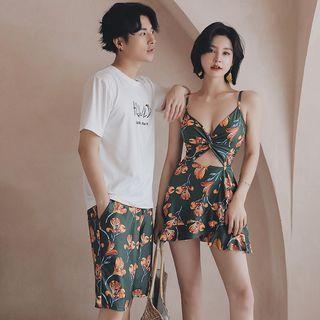 Couple Matching Floral Cutout Swim Dress / Swim Trunks / Short-Sleeve Crew Neck Lettering T-Shirt Product Image