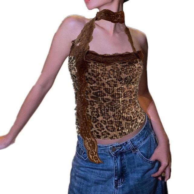 Halter-Neck Leopard Print Lace Trim Top Product Image