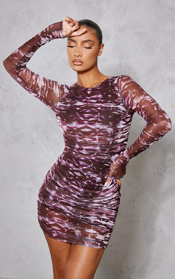 Purple Abstract Print Mesh Ruched Bodycon Dress Product Image