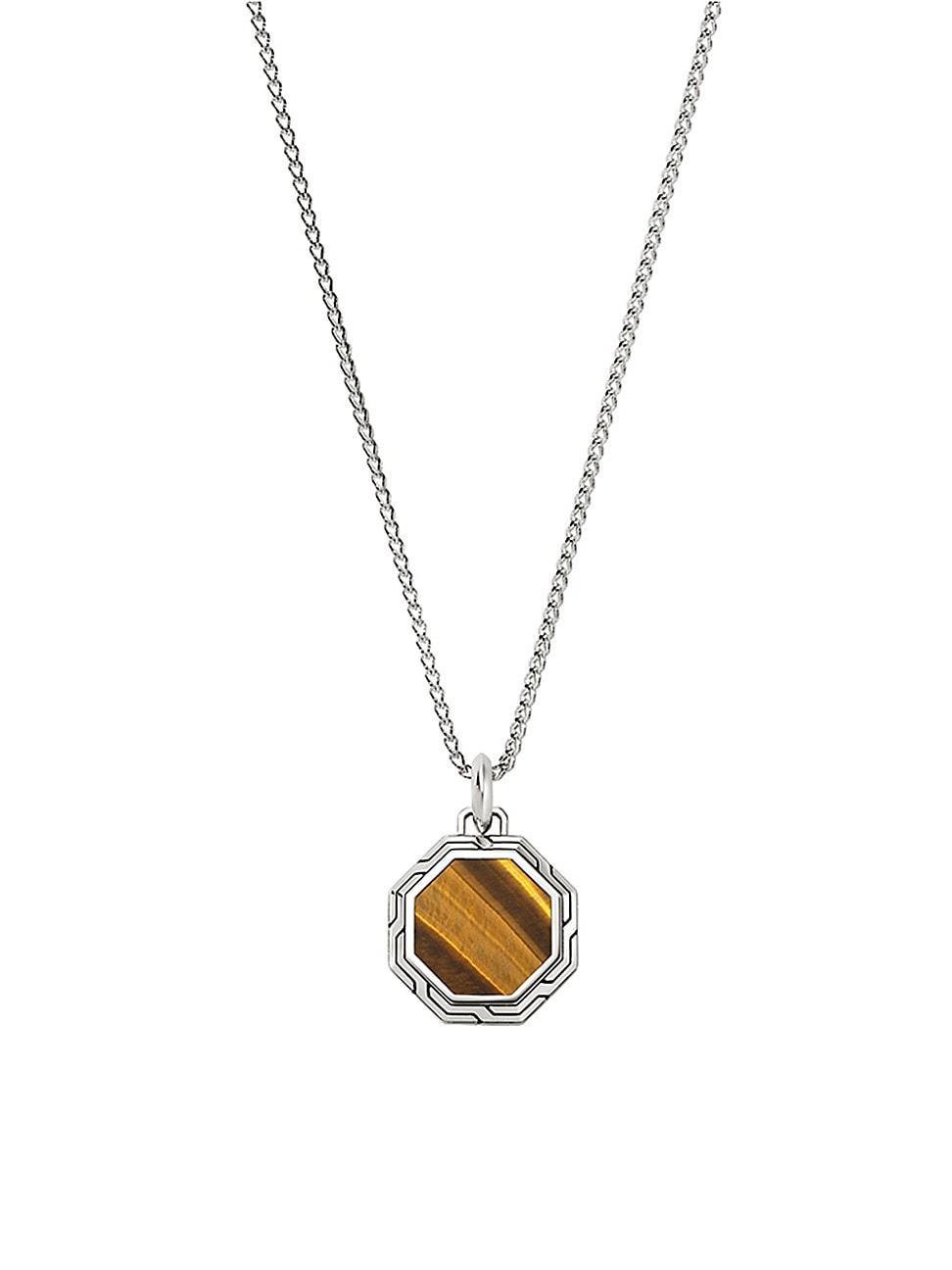 Mens Sterling Silver & Tiger Eye Pendant Necklace Product Image