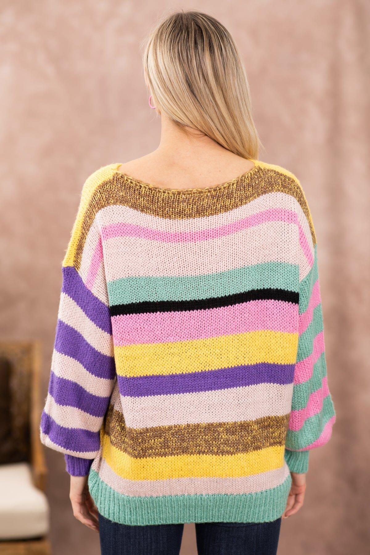 Purple Multicolor Stripe Boat Neck Sweater Product Image