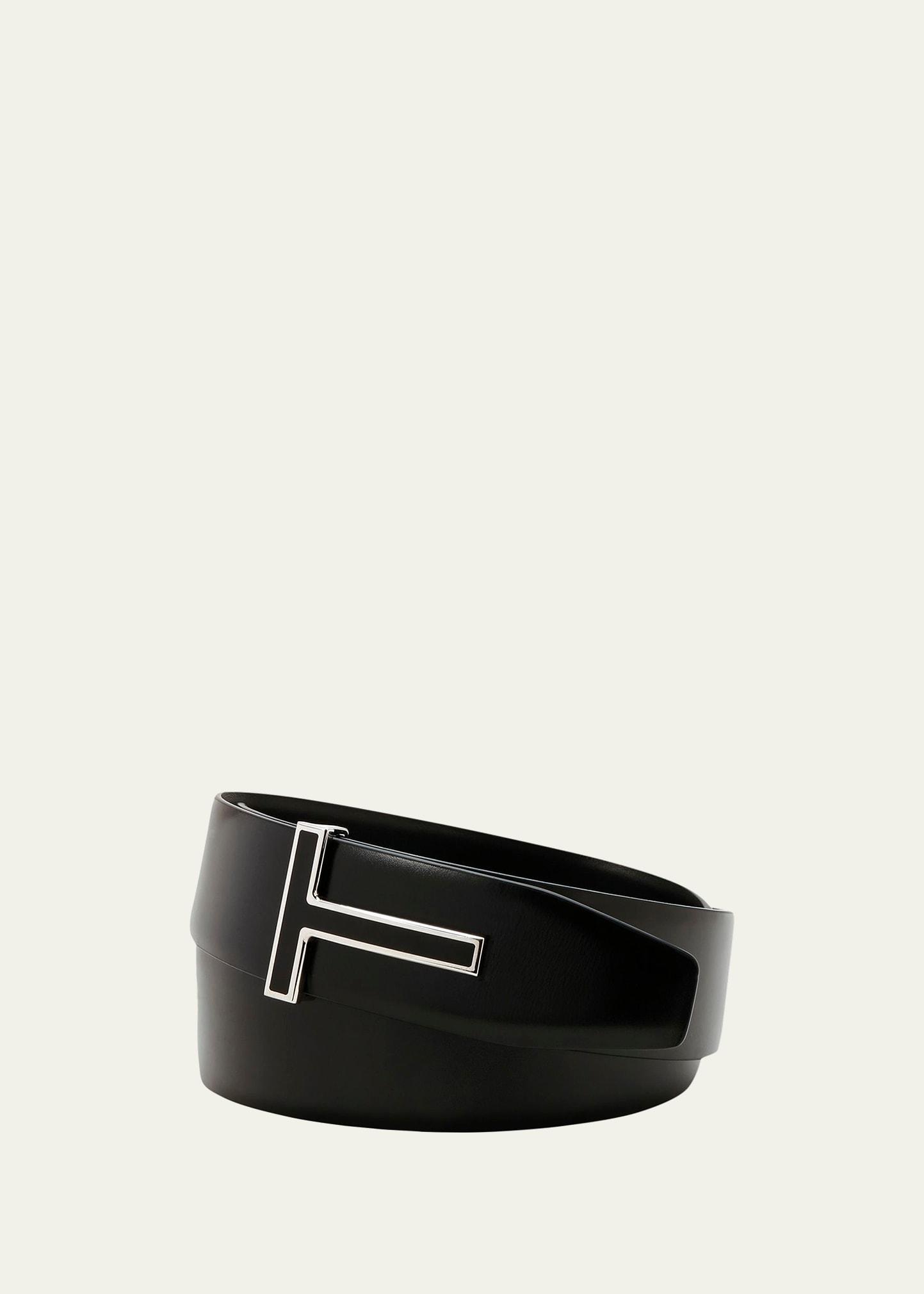 TOM FORD Men's Enamel T-Buckle Leather Belt - Size: 34in / 85cm - BLACK Product Image