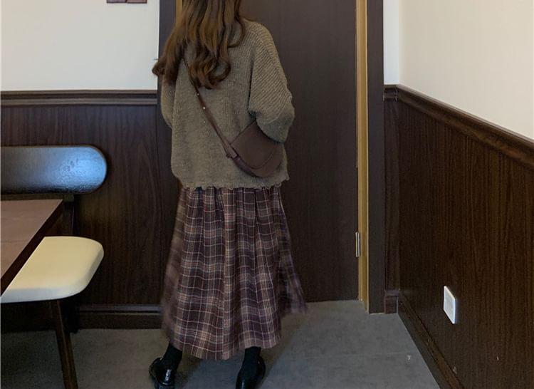 Long Sleeve Plain Distressed Loose-Fit Sweater / High Rise Plaid Midi A-Line Skirt Product Image