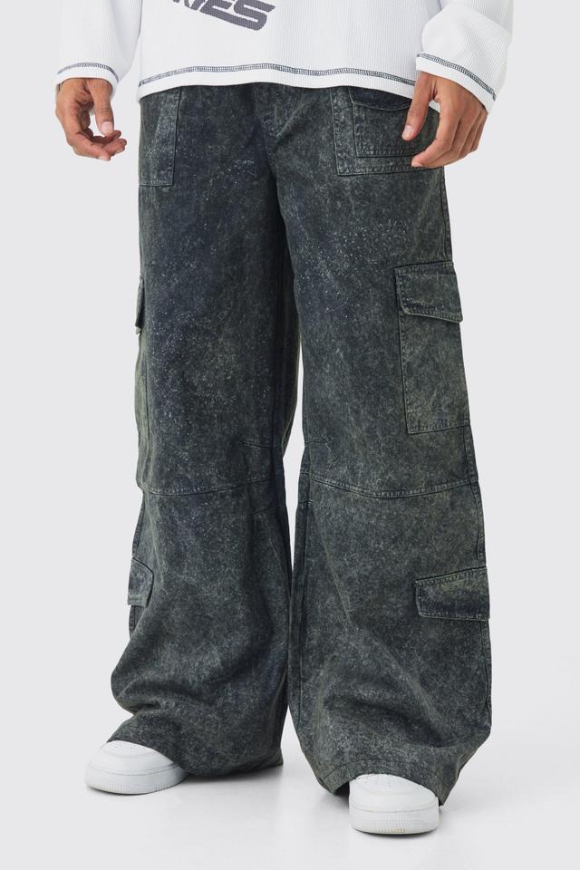 Elasticated Waist Baggy Stacked Heavyweight Washed Multi Cargo Pants | boohooMAN USA Product Image