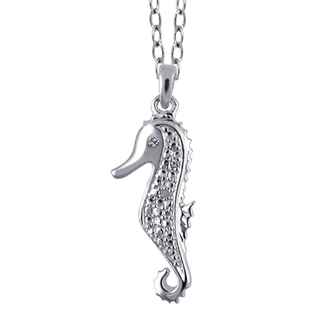 Womens Sterling Silver Accent Round-Cut White Diamond Pave Set Seahorse Pendant 18) Product Image