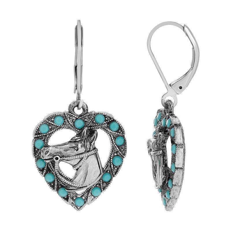 1928 Pewter Tone Turquoise Crystal Horse Head Heart Drop Earrings, Womens, Blue Product Image