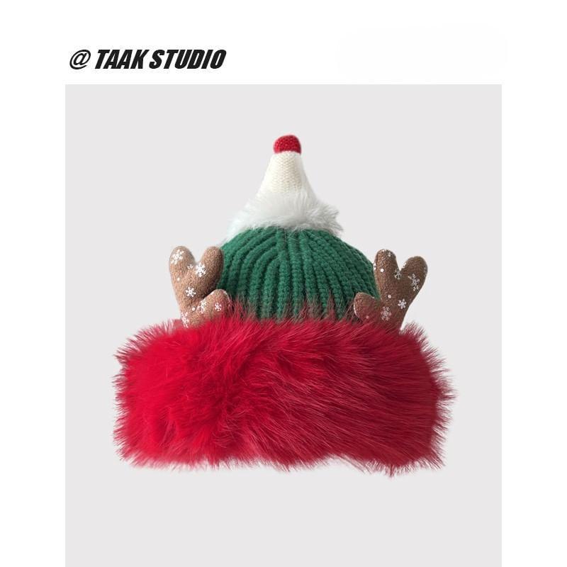 Christmas Deer Horn Chenille Knit Beanie Product Image