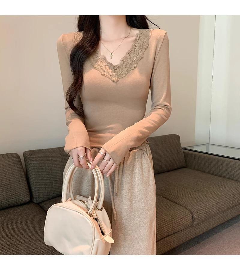 Long Sleeve V-Neck Lace-Trim Plain Slim-Fit Top Product Image