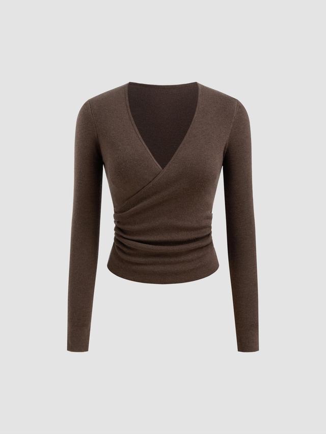 Wool-blend V-neck Solid Ruched Knitted Long Sleeve Top Product Image