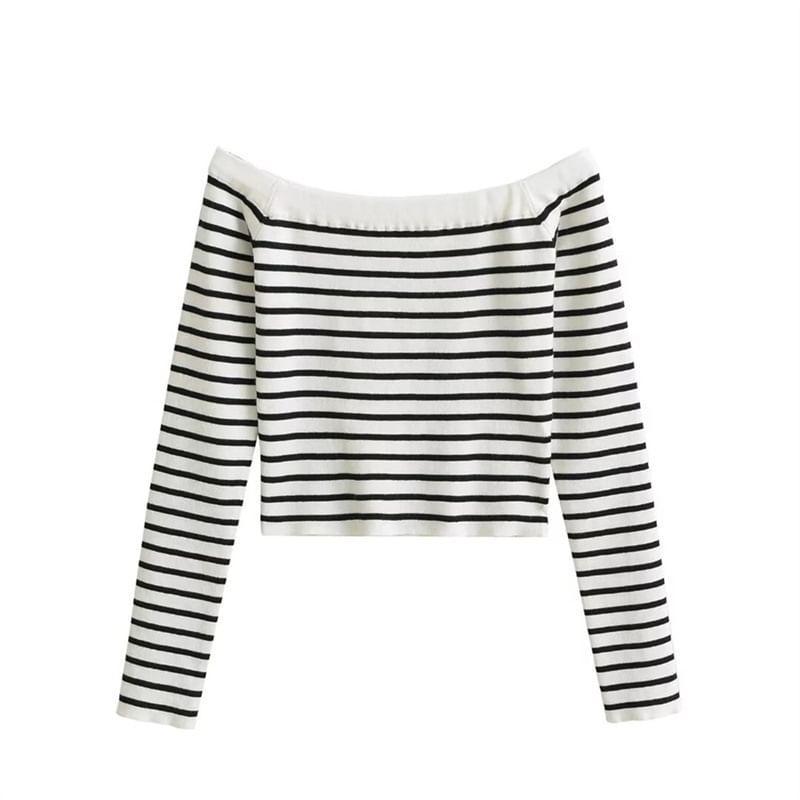 Long Sleeve Off Shoulder Striped Knit Crop Top Product Image