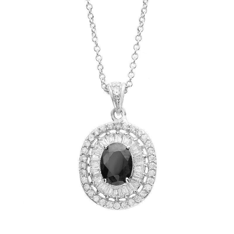 Sophie Miller Cubic Zirconia Sterling Silver Oval Halo Pendant Necklace, Womens Black Product Image