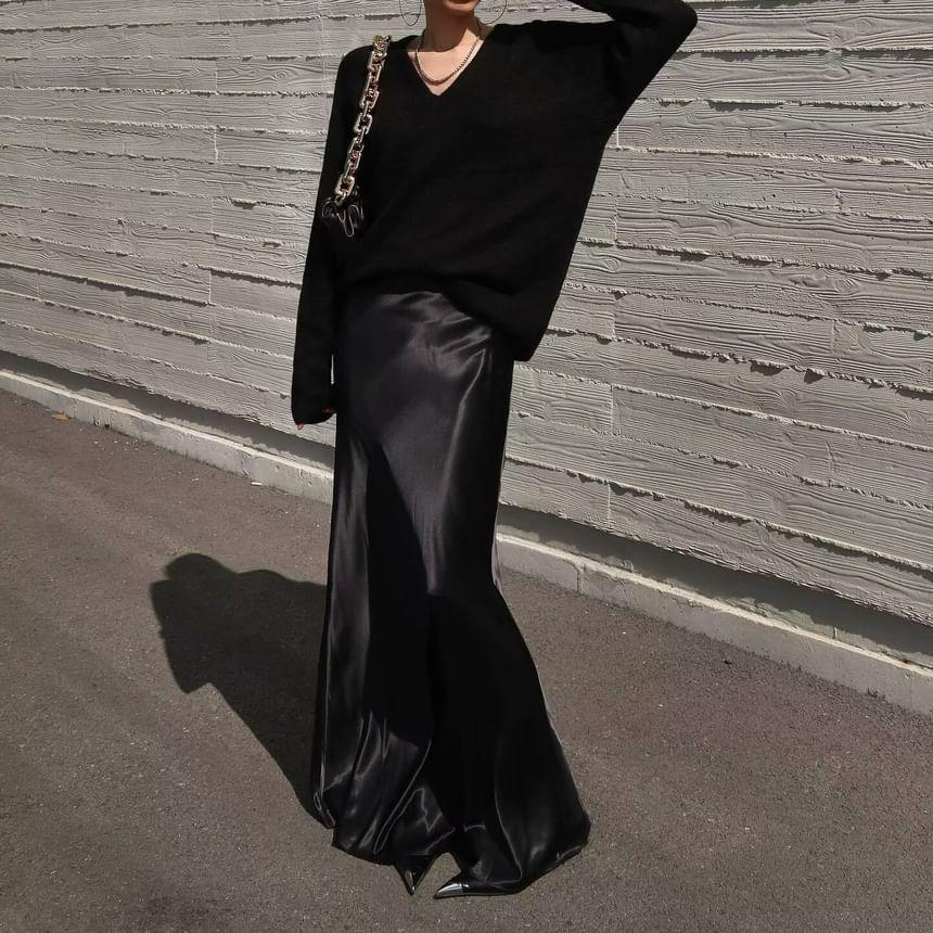 Mid Waist Plain Satin Maxi Fishtail Skirt Product Image