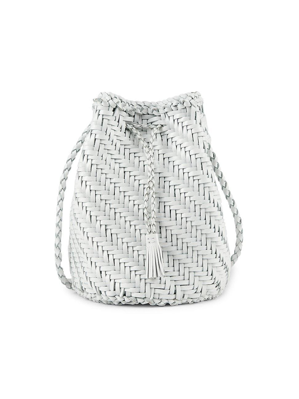 Womens Pom Pom Woven Leather Bucket Bag Product Image